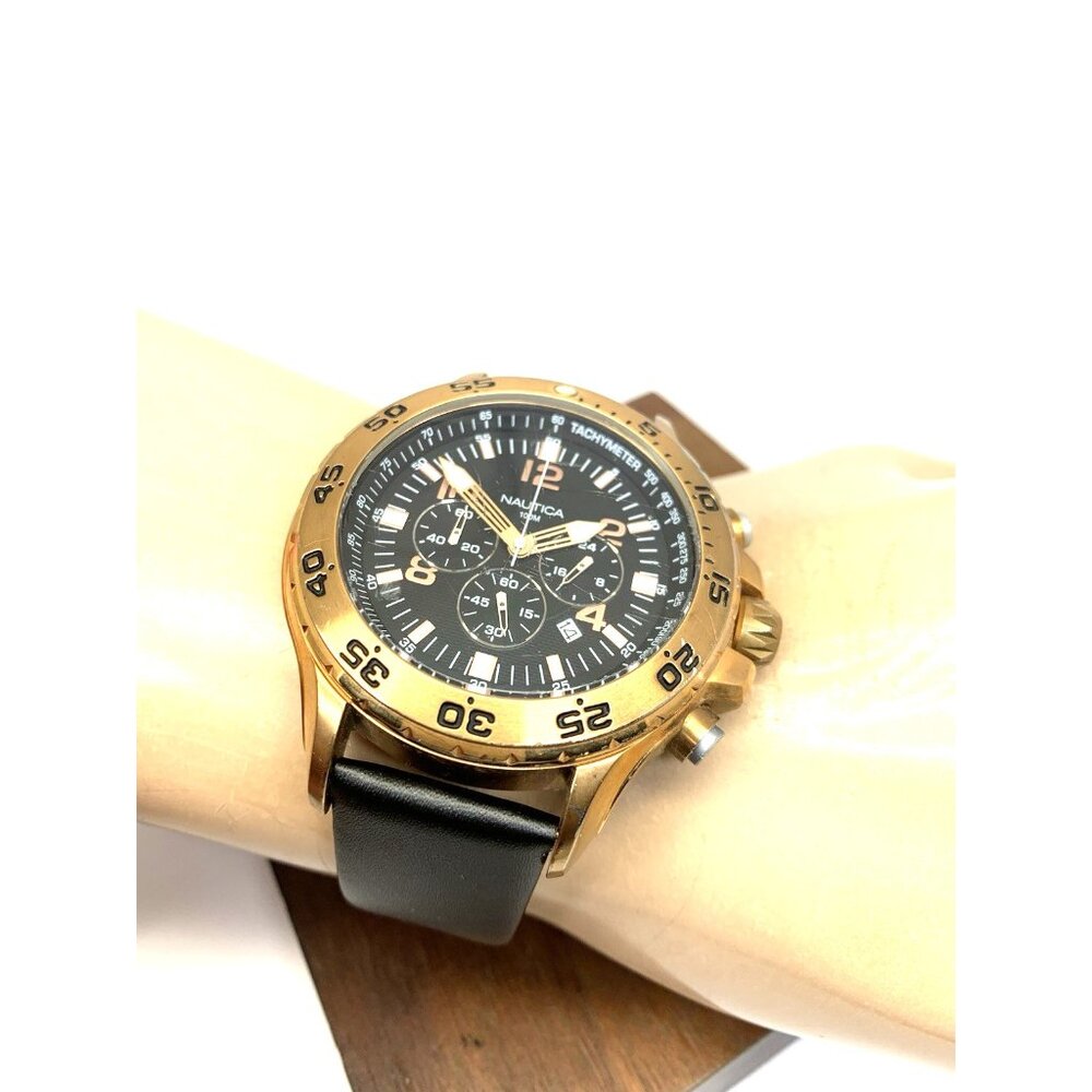 Nautica Men's Watch N18523 Quartz Black Dial Rose Gold Tone Leather Band 48mm - Picture 5 of 14